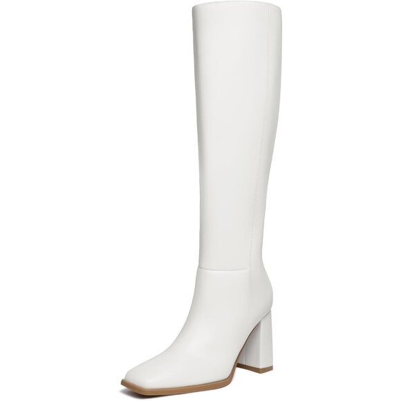 Women's Faux Leather White Square Toe Side Zipper Chunky Heel Knee High Boots - Picture 1 of 6